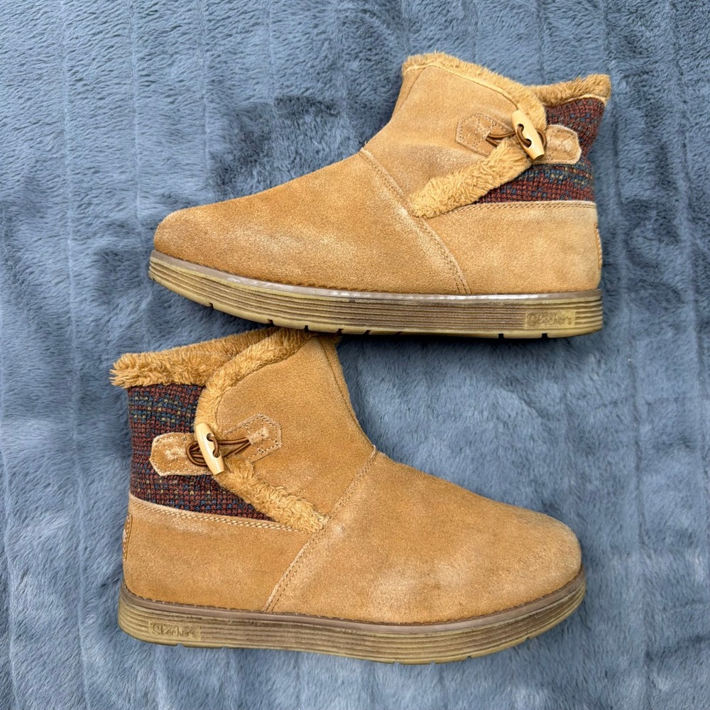 Skechers Womens Suede Faux Fur Plaid Toggle Ankle Boots Chestnut 48677 Size 8.5